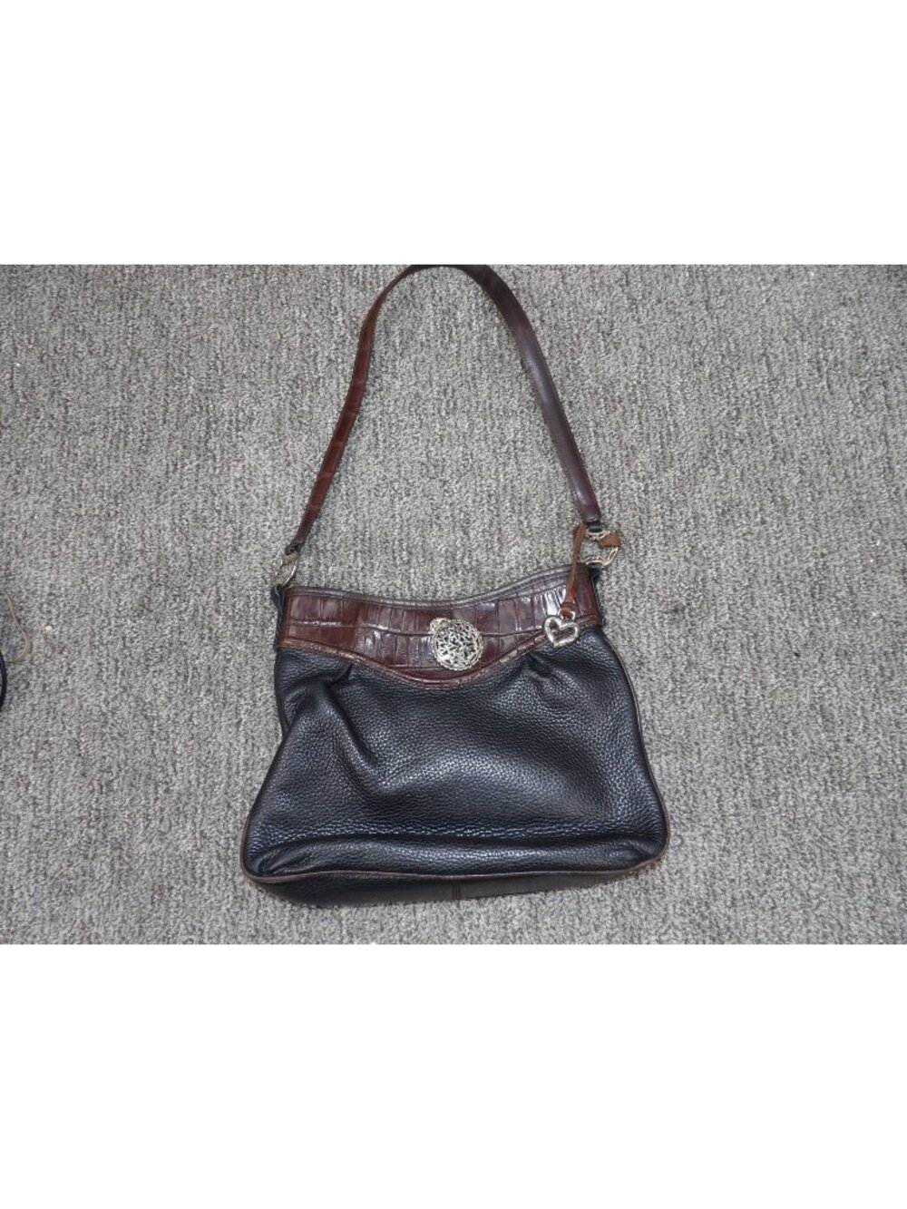 Black & Brown Shoulder Bag With Croc-Embossed Trim Heart Charm & Paisley Lining